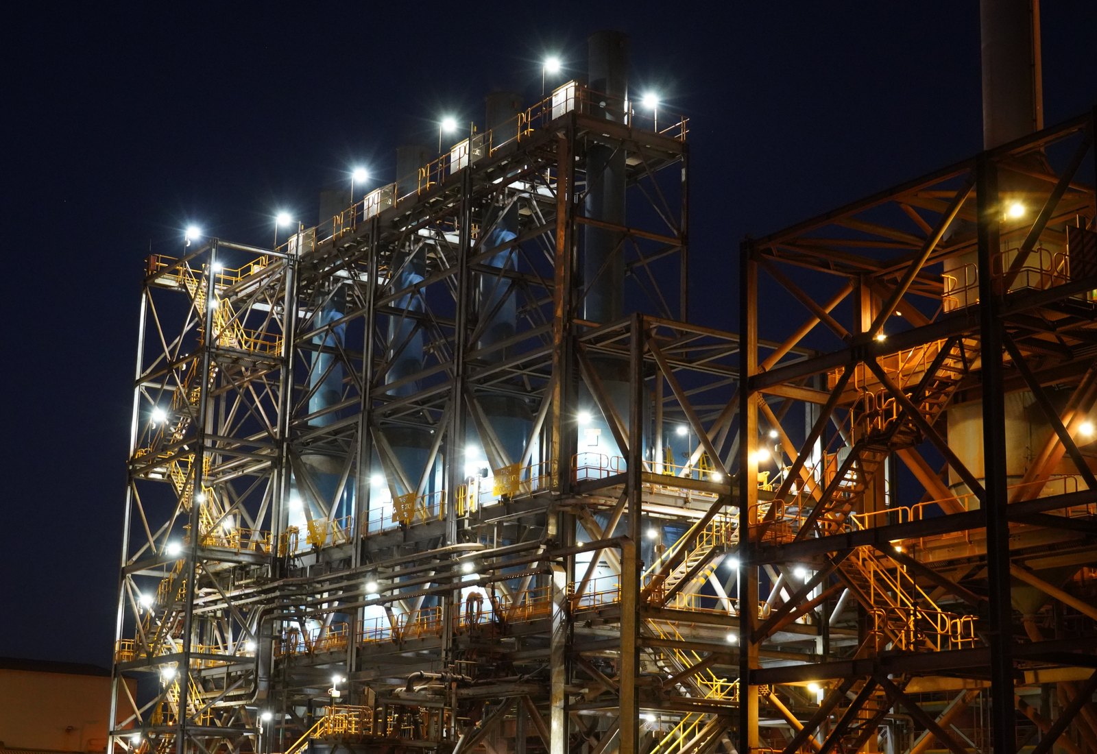 A process plant running through the night shift